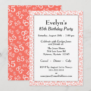 Invitation 85e anniversaire Coral et Motif de numéro blanc