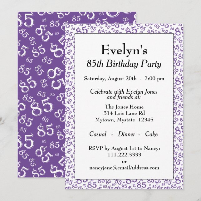Invitation 85e anniversaire de la fête Purple Numéro Motif (Devant / Derrière)