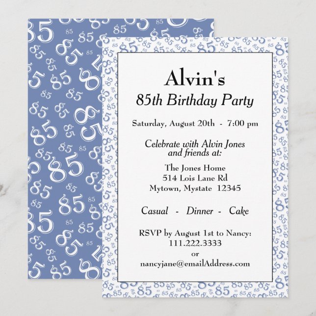 Invitation 85e anniversaire Motif de la fête bleue et blanche (Devant / Derrière)