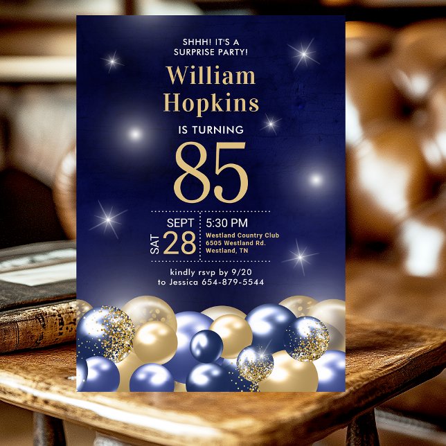 Invitation 85e anniversaire Surprise Marine Bleu Ballons d'or (Créateur téléchargé)