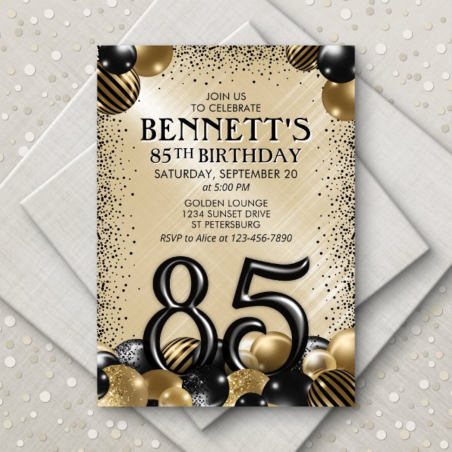 Invitation 85e Ballons Black Gold Anniversaire (Créateur téléchargé)