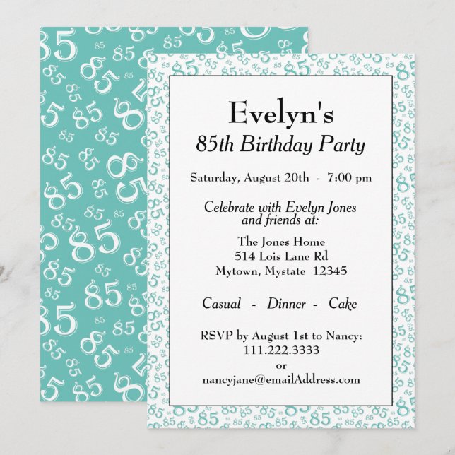 Invitation 85e fête d'anniversaire Turquoise et blanc Motif n (Devant / Derrière)