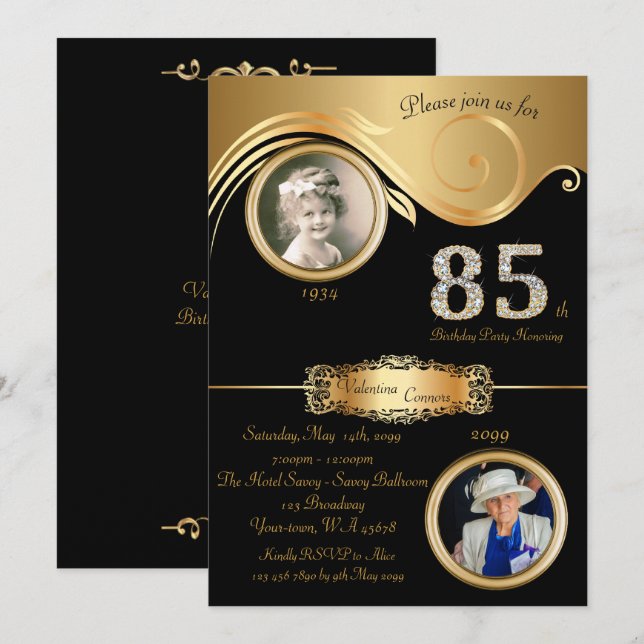 Invitation 85ème, Anniversaire Femme 85ème, élégant art déco, (Devant / Derrière)