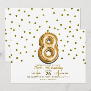 Invitation 8 Huit Confetti de ballons d'or 8e fête d'annivers