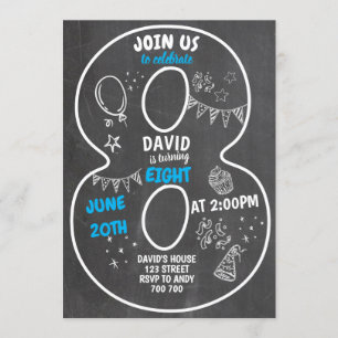 Invitation 8e anniversaire Boy Chalkboard Numéro Bleu