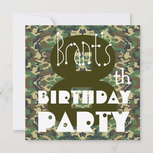 Invitation 8e anniversaire de l'enfant Nom personnalisé CAMO  (Devant)