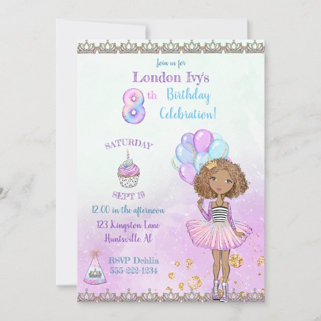 Invitation 8e anniversaire fille princesse africaine américai (Devant)
