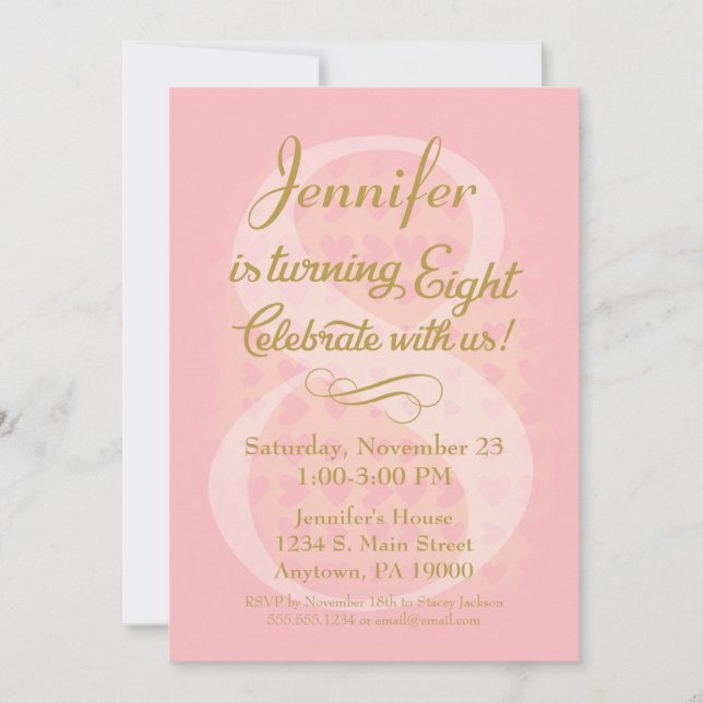 Invitation 8e anniversaire Filles Coeurs d'or rose (Devant)