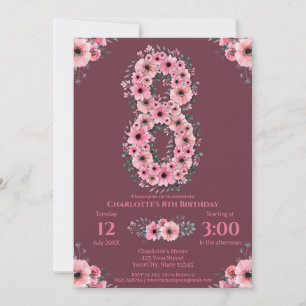 Invitation 8e Grand Anniversaire Fleurs roses Volage vert