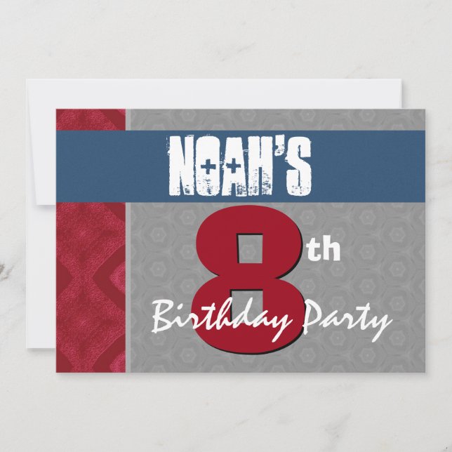Invitation 8ème Anniversaire moderne pour lui argent V27 de (Devant)