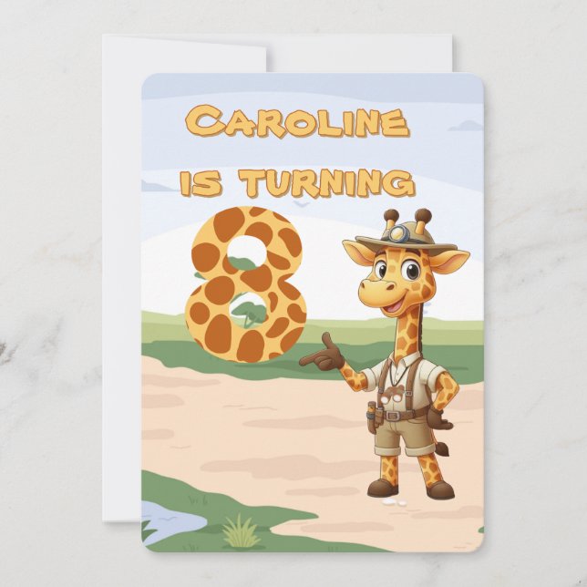 Invitation 8th birthday Cute Explorer Giraffe on safari (Devant)