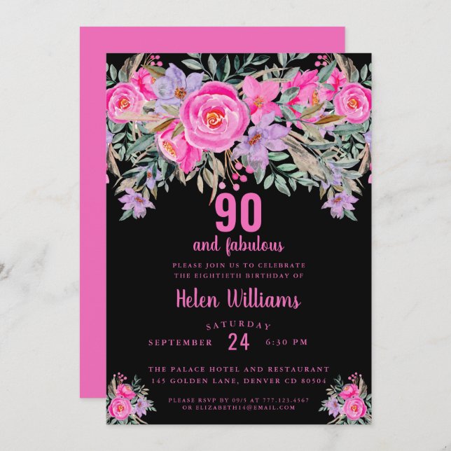 Invitation 90 et fabuleux 90e anniversaire noir rose (Devant / Derrière)
