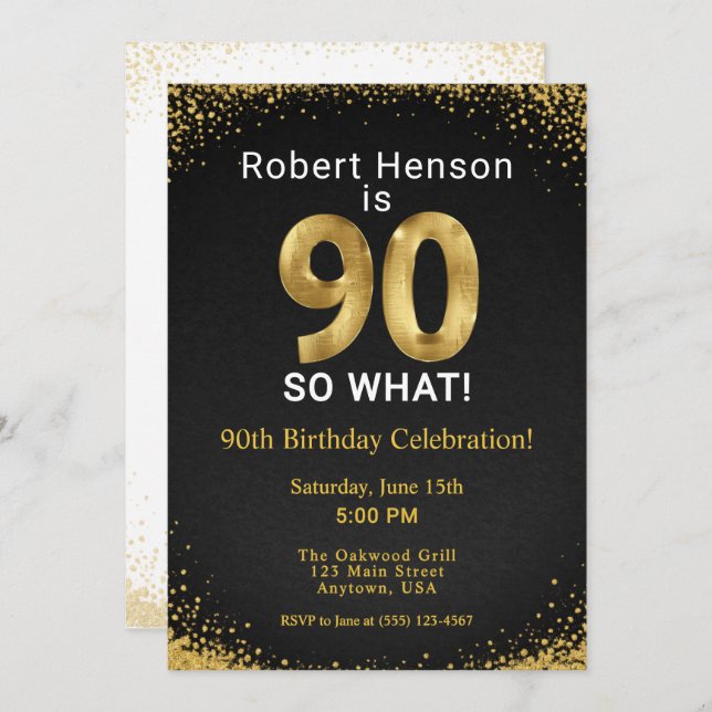 Invitation 90 So What! Black Gold 90th Birthday (Devant / Derrière)