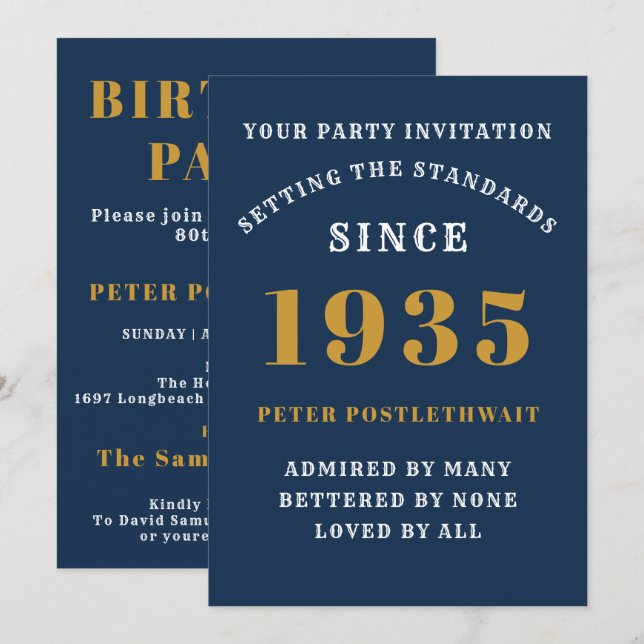 Invitation 90e Anniversaire 1935 Blue Gold Personnalisé Pour  (Devant / Derrière)