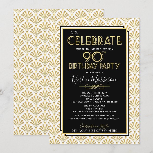Invitation 90e anniversaire Art Déco Gatsby Roaring 20s Anniv (Devant / Derrière)