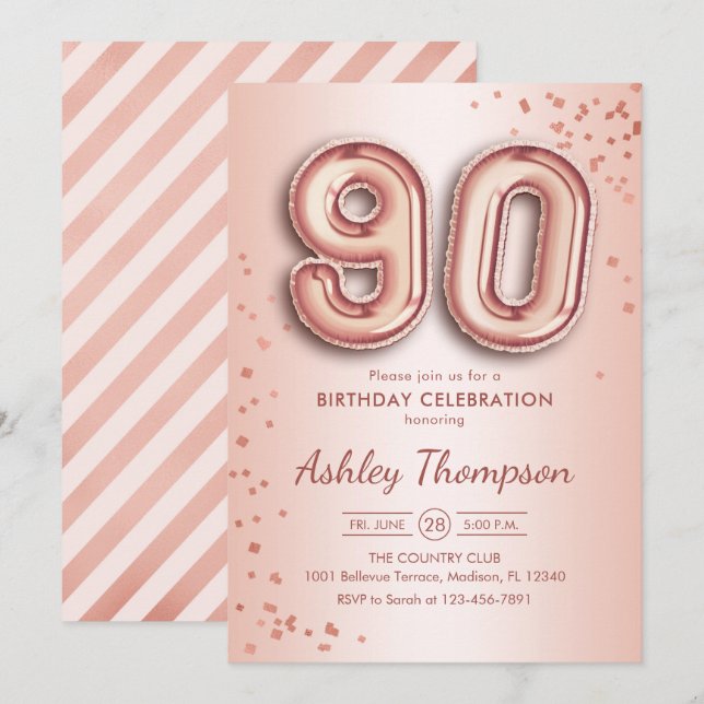 Invitation 90e anniversaire - Ballons d'or Rose (Devant / Derrière)