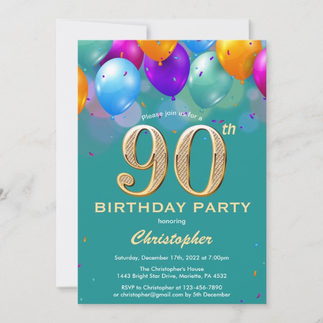 Invitation 90e anniversaire Ballons Turquoises et dorés (Devant)