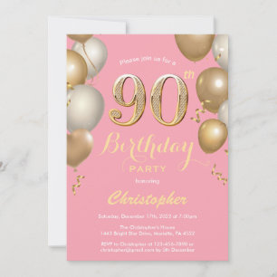 Invitation 90e anniversaire Balloons rose et or Confetti