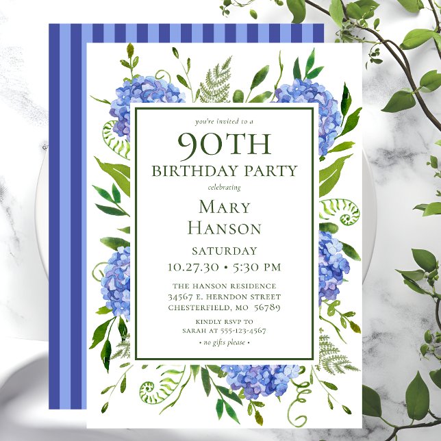 Invitation 90e anniversaire Blue Hydrangeas Floral Aquarelle (Créateur téléchargé)
