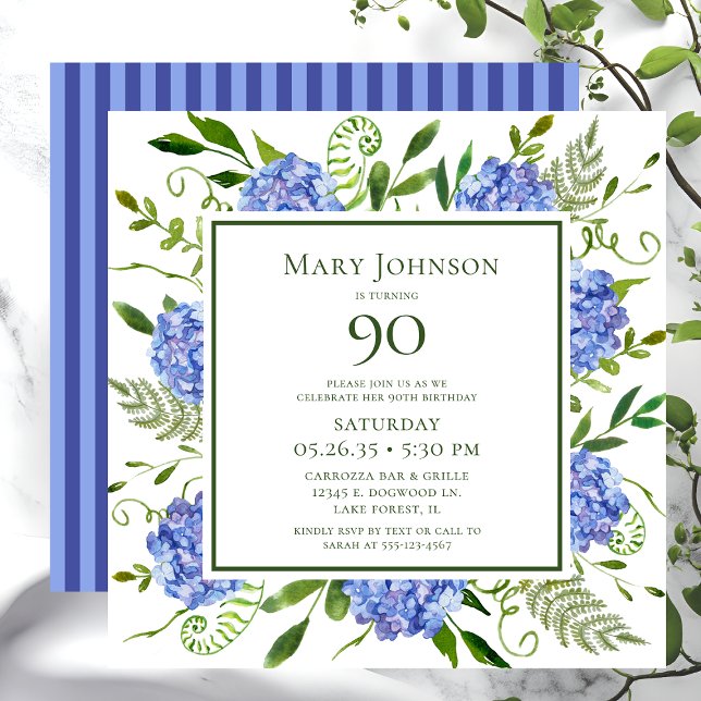 Invitation 90e anniversaire Blue Hydrangeas Floral Aquarelle (Créateur téléchargé)