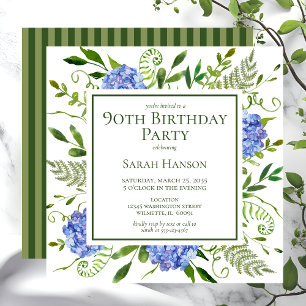 Invitation 90e anniversaire Blue Hydrangeas Floral Aquarelle