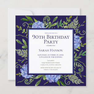 Invitation 90e anniversaire Blue Hydrangeas Floral Aquarelle