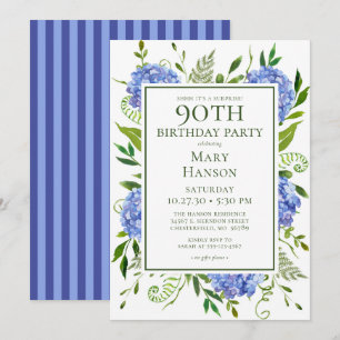 Invitation 90e anniversaire Blue Hydrangeas Surprise Party