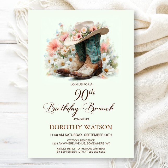 Invitation 90e anniversaire Bottes de fille Anniversaire Brun (Créateur téléchargé)