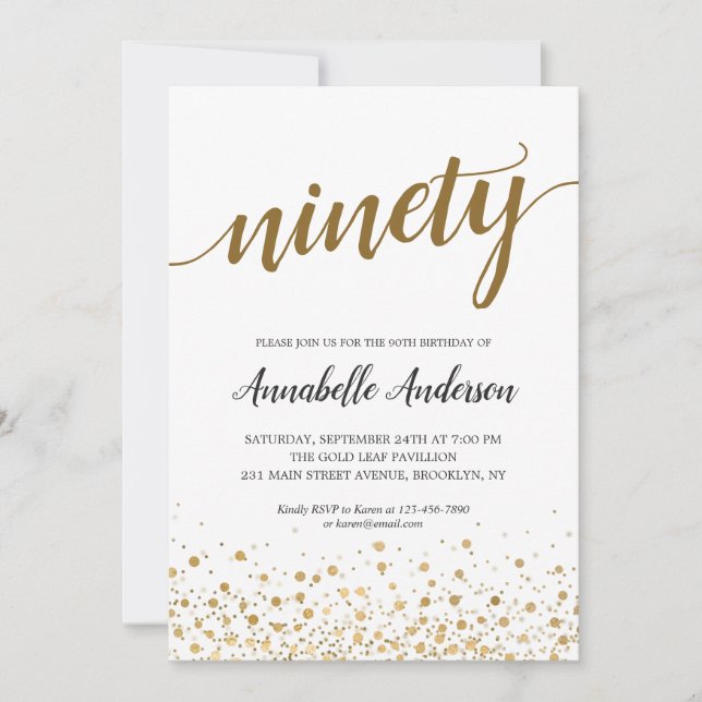 Invitation 90e anniversaire Confetti moderne or Script (Devant)