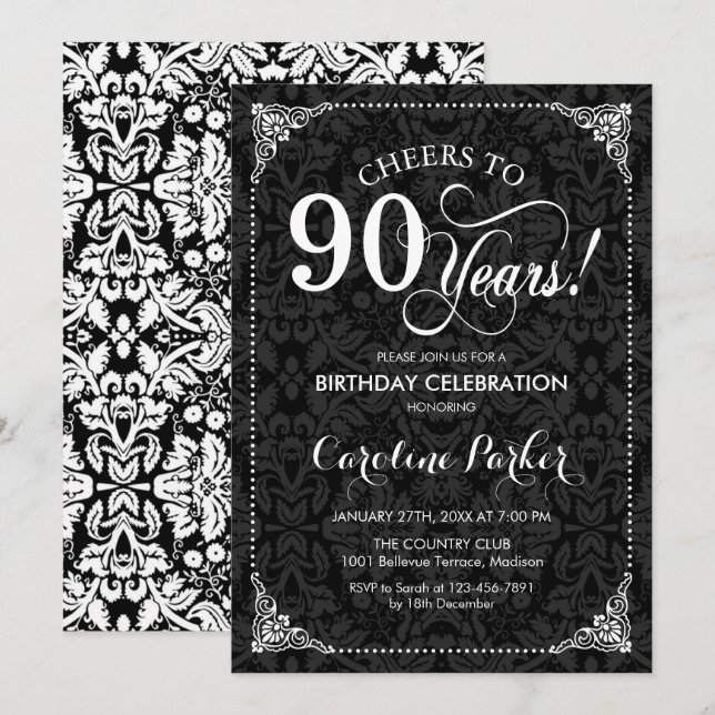 Invitation 90e anniversaire - Damas noir et blanc (Devant / Derrière)