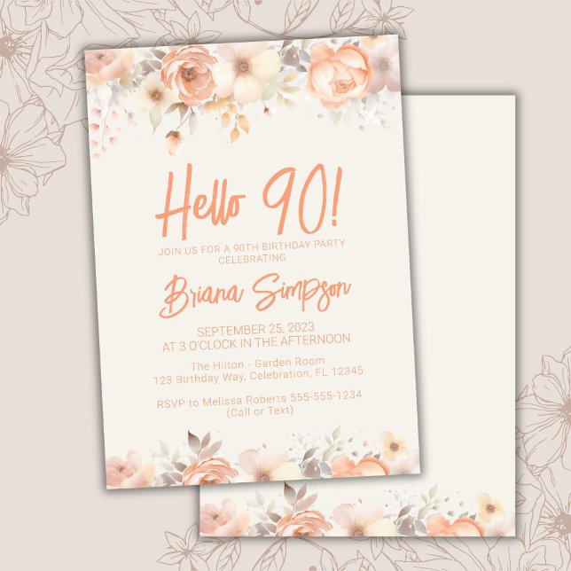 Invitation 90e anniversaire de fête Pêche beige ivoire floral (Créateur téléchargé)