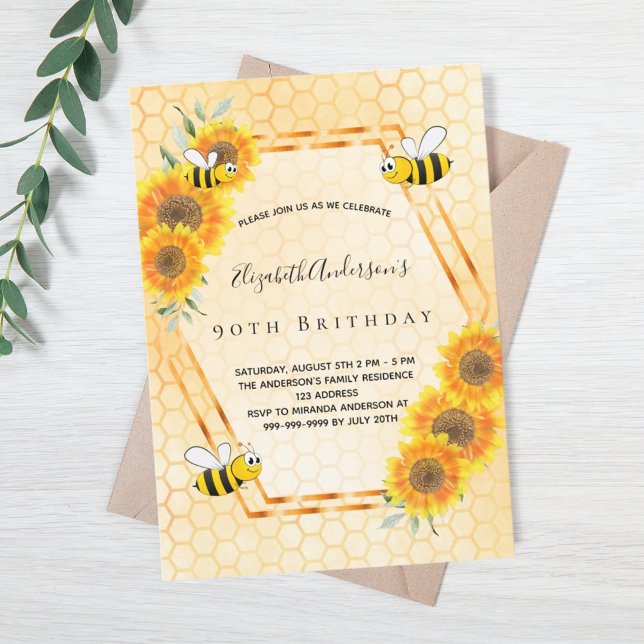 Invitation 90e anniversaire des abeilles de tournesols rustiq (Créateur téléchargé)