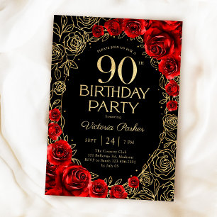 Invitation 90e anniversaire élégant Fleurs Rouge Noir Or