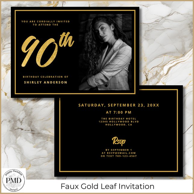 Invitation 90e anniversaire Elégante photo Black Faux Gold Le (90th Birthday Elegant Photo Black and Faux Gold Leaf Invitation with Party Details on the Back.)