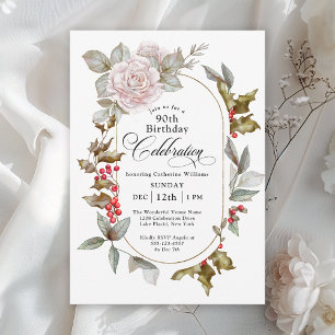 Invitation 90e anniversaire Feminine Floral Décembre hiver