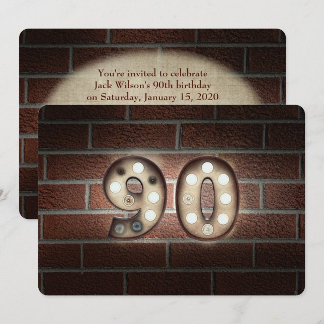 Invitation 90e anniversaire Fête-marquee lumières sur brique (Devant / Derrière)