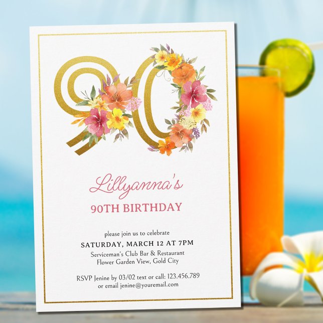 Invitation 90e anniversaire fête Plutôt Floral Gold Numéro 90 (Créateur téléchargé)