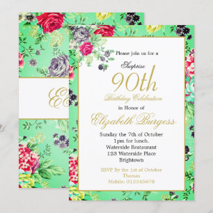 Invitation 90e anniversaire Floral Rose or Monogramme Anniver