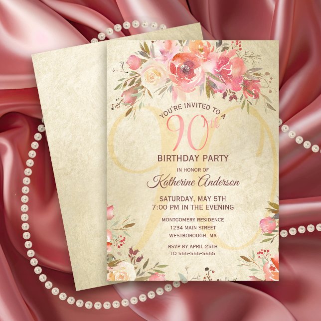 Invitation 90e anniversaire Floral rose Roses Gold Shimmer Pa (Elegant 90th Birthday Party Invitation with pink roses and gold shimmer.)