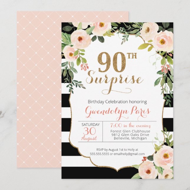 Invitation 90e Anniversaire floral surprise Noir blanc rayé (Devant / Derrière)