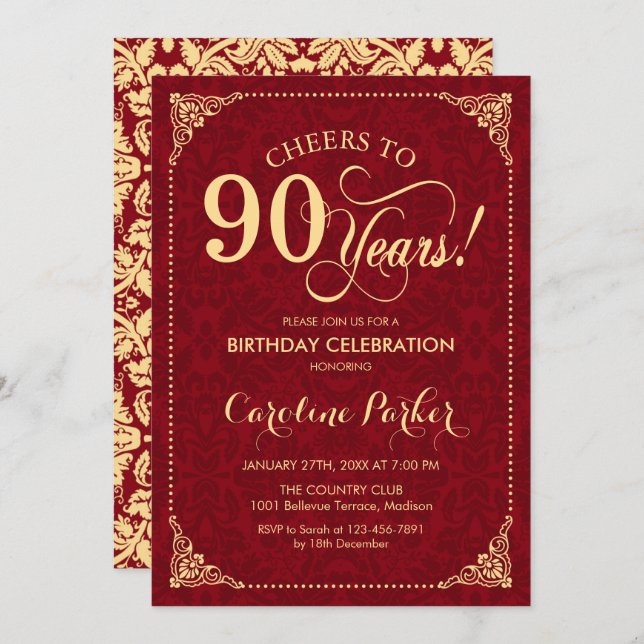 Invitation 90e anniversaire - Gold Red Damask (Devant / Derrière)