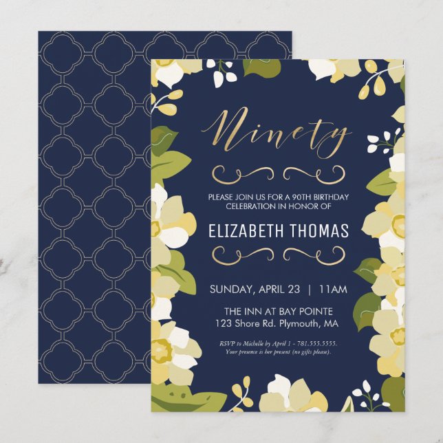 Invitation 90e anniversaire Invitation, Personnaliser Floral  (Devant / Derrière)