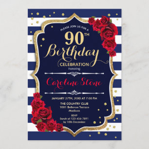 Invitation 90e anniversaire - Marine White Stripes et Red Ros