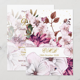 Invitation 90e Anniversaire Or Bourgogne Blush Floral Élégant