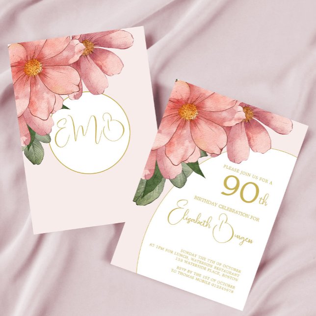 Invitation 90E Anniversaire Or rose Elégant Anniversaire Flor (Créateur téléchargé)