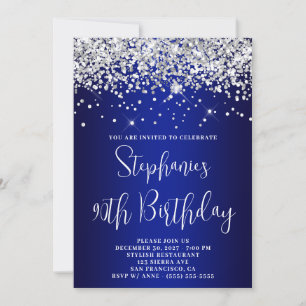 Invitation 90e Anniversaire Paillettes Argent Bleu Royal Mari