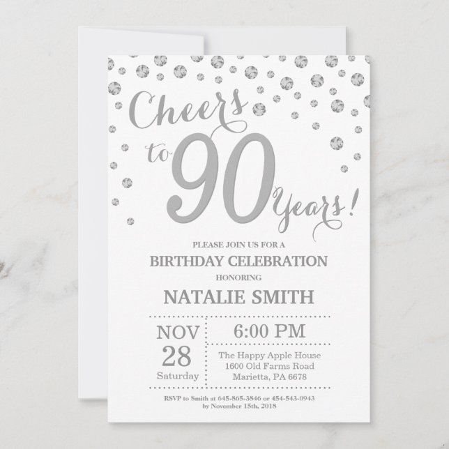 Invitation 90e anniversaire Parties scintillant d'argent Invi (Devant)