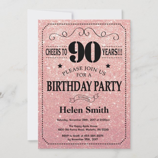 Invitation 90e anniversaire Parties scintillant d'or noir et  (Devant)