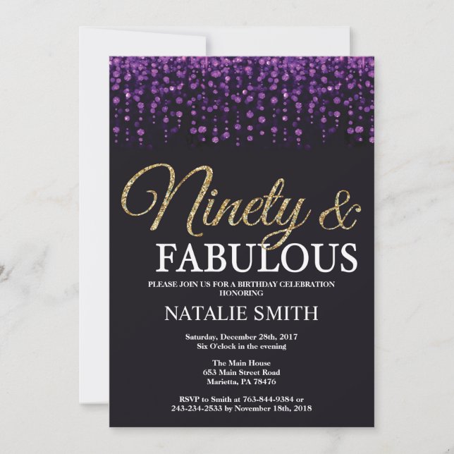 Invitation 90e anniversaire Parties scintillant violet et or (Devant)