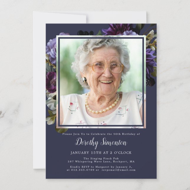 Invitation 90e anniversaire Photo Moody Purple Floral (Devant)